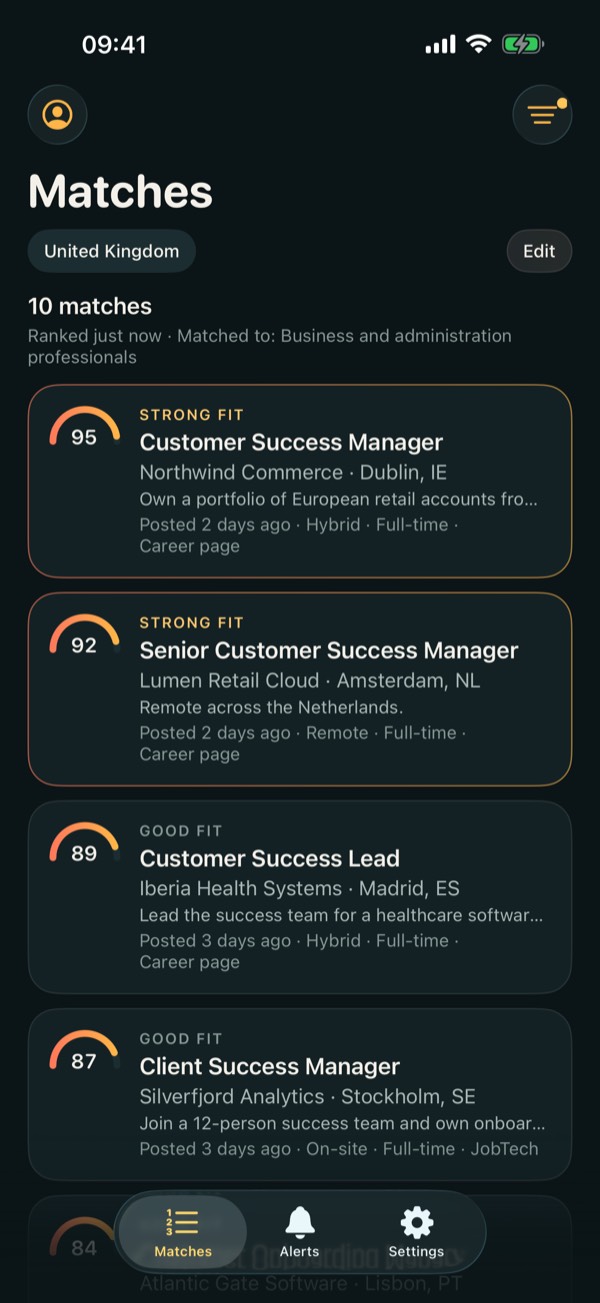 Atino screenshot: Matches: current jobs ranked by fit