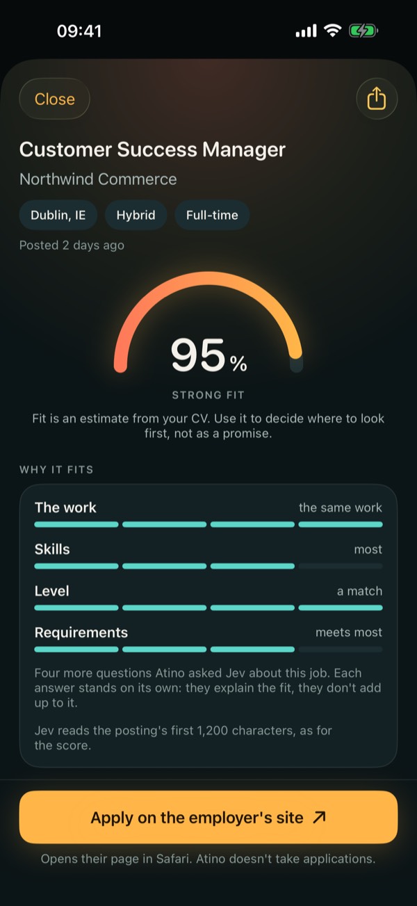 Atino screenshot: A job: why it fits, and where to apply