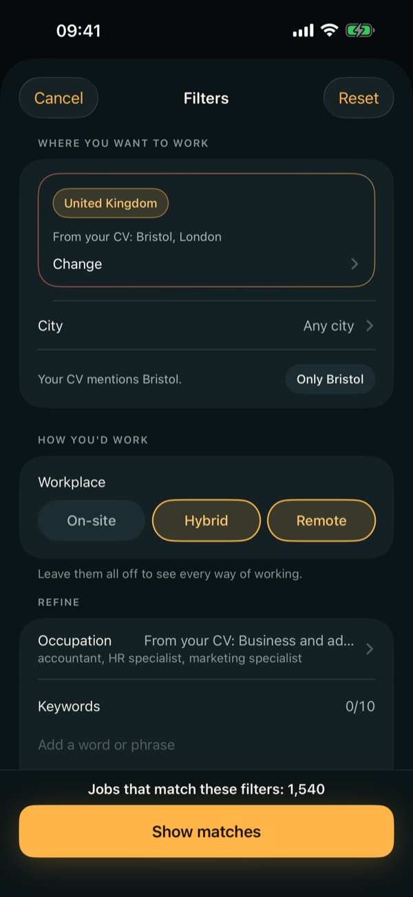 Atino screenshot: Filters: where and how you want to work