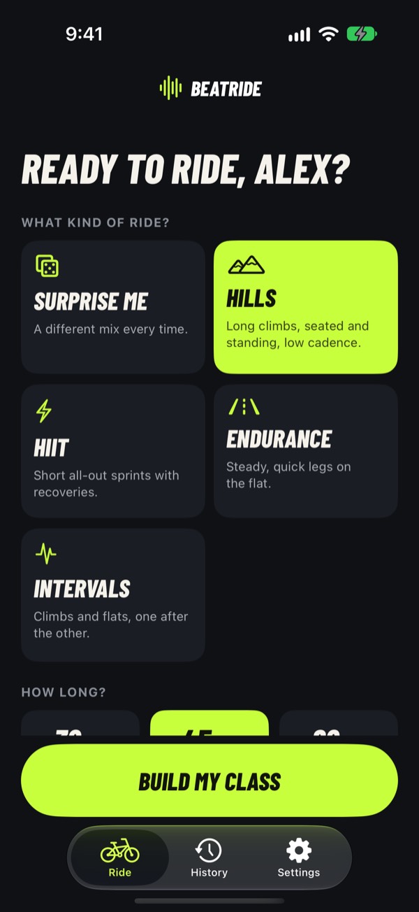 BeatRide screenshot: Pick the ride, the length and the music