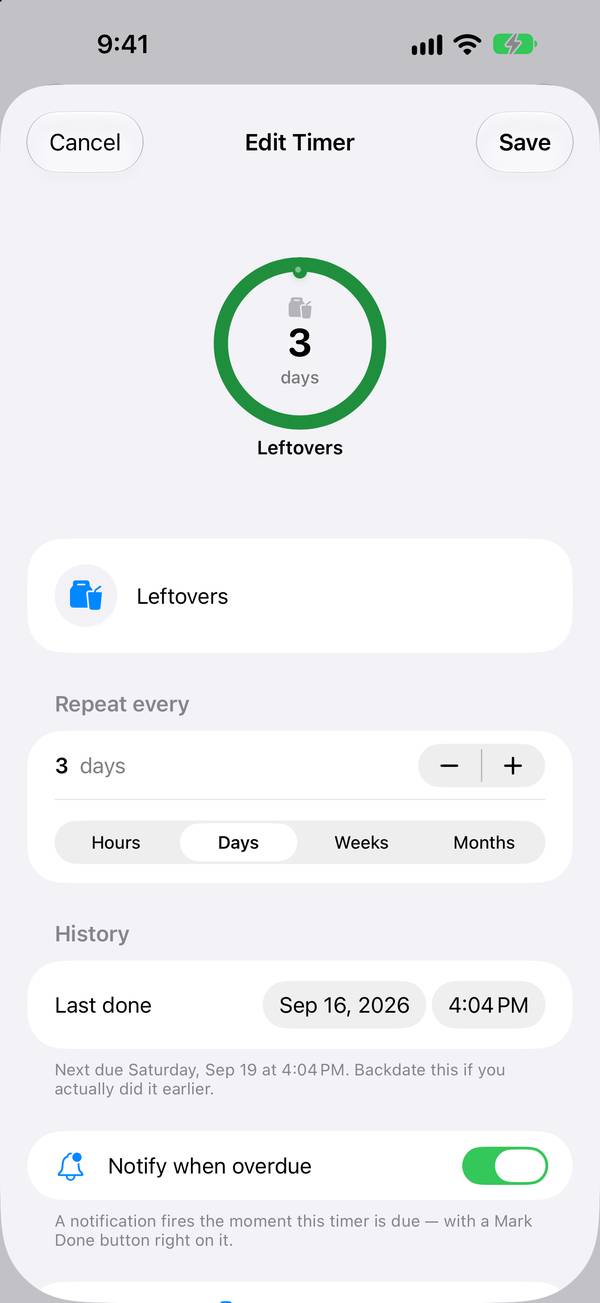Captura de Cycle Timers: Un temporizador es un nombre, un icono y un ciclo