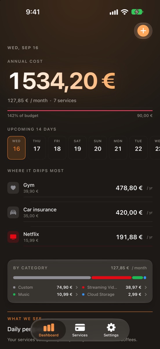 Drip screenshot: Dashboard: the yearly figure first