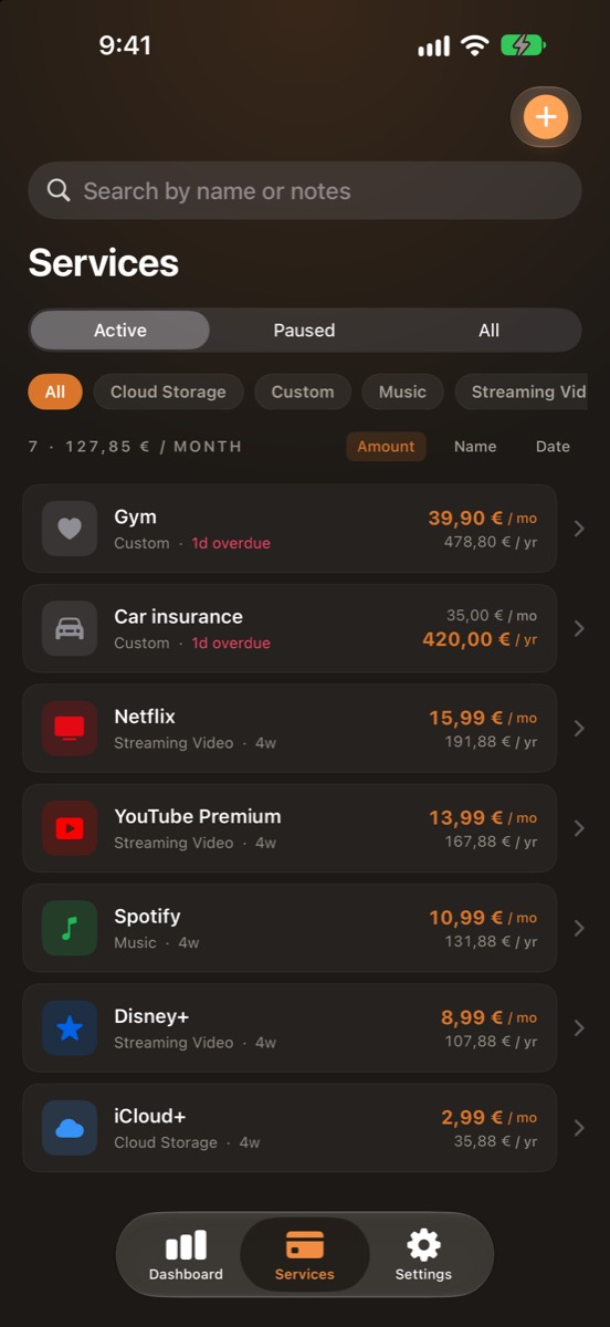 Drip screenshot: Every service, monthly and yearly