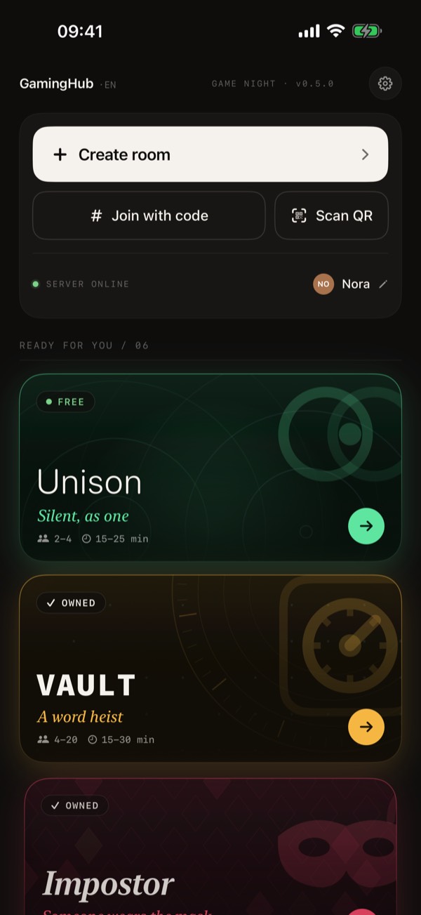 GamingHub screenshot: Home: create a room, join with a code or scan a QR