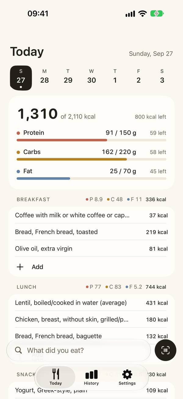 Grain screenshot: Today: what you ate against your targets, and what is left