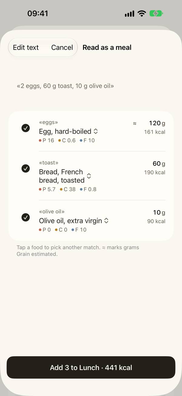 Grain screenshot: Write a meal the way you would say it