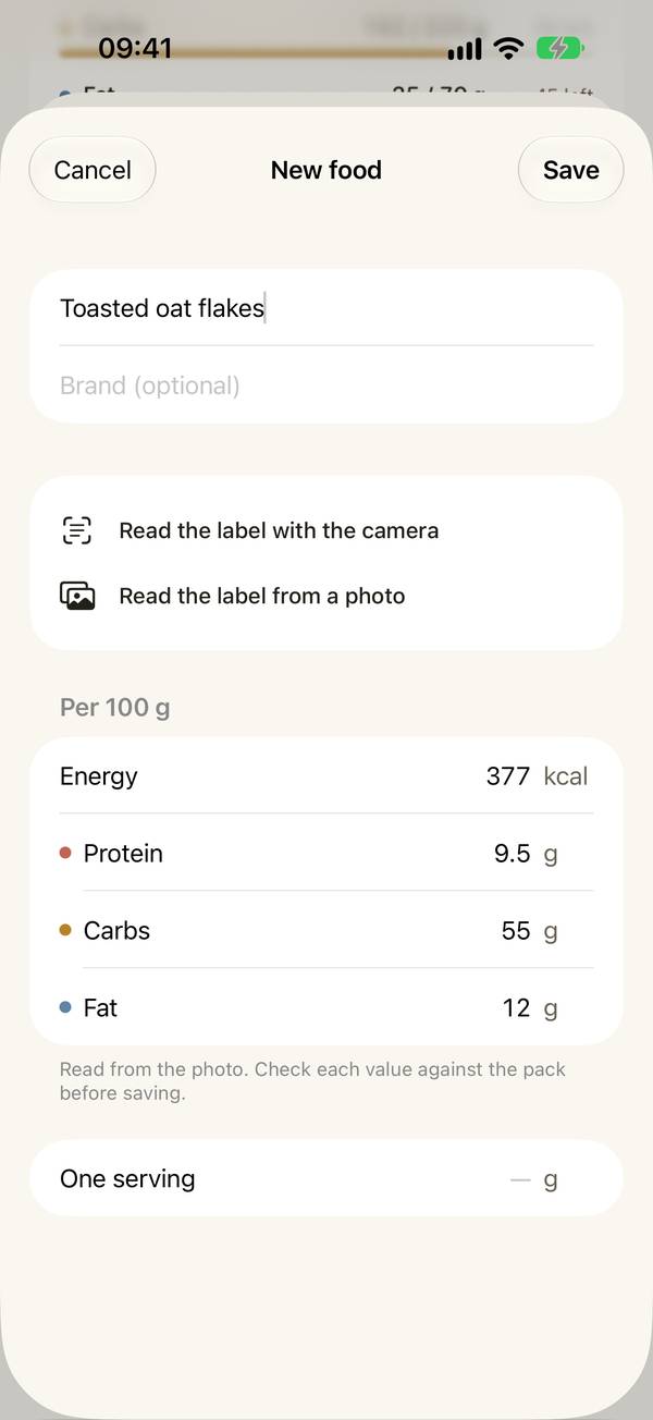 Grain screenshot: A nutrition label, read on the iPhone (Pro)