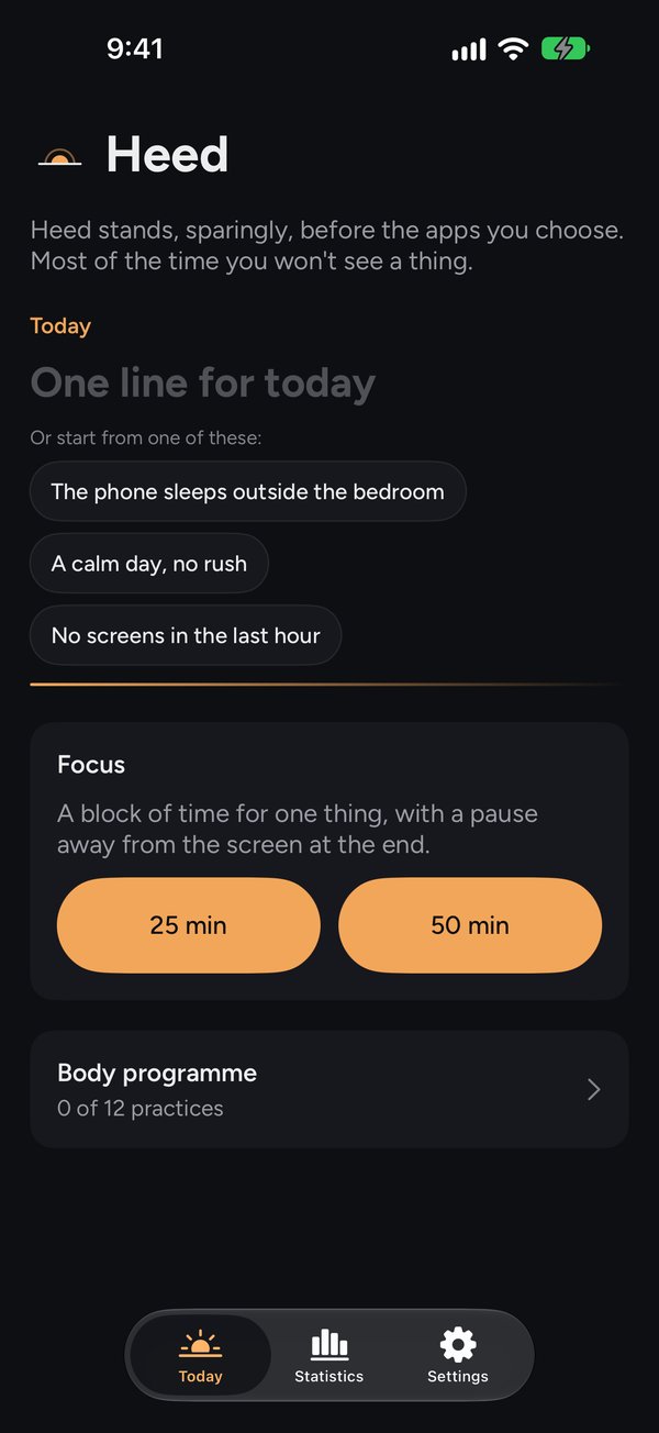 Heed screenshot: Today: one line for the day, and a focus block
