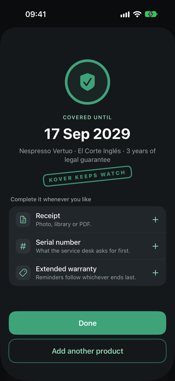 Kover screenshot: Saved and sealed: covered until 2029