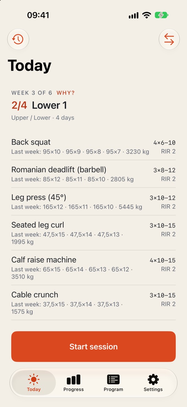 Meso screenshot: Today: the session that is due, with last week next to it