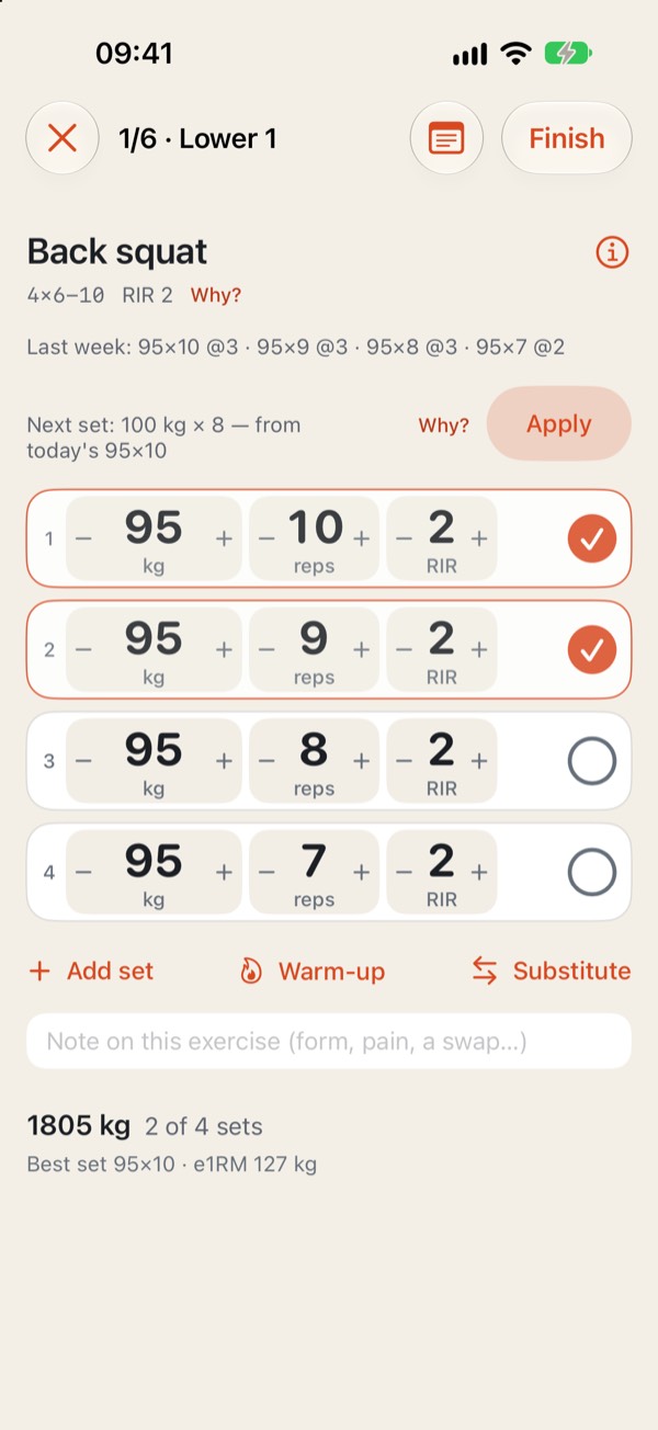 Meso screenshot: A set is a tick; the rest is pre-filled