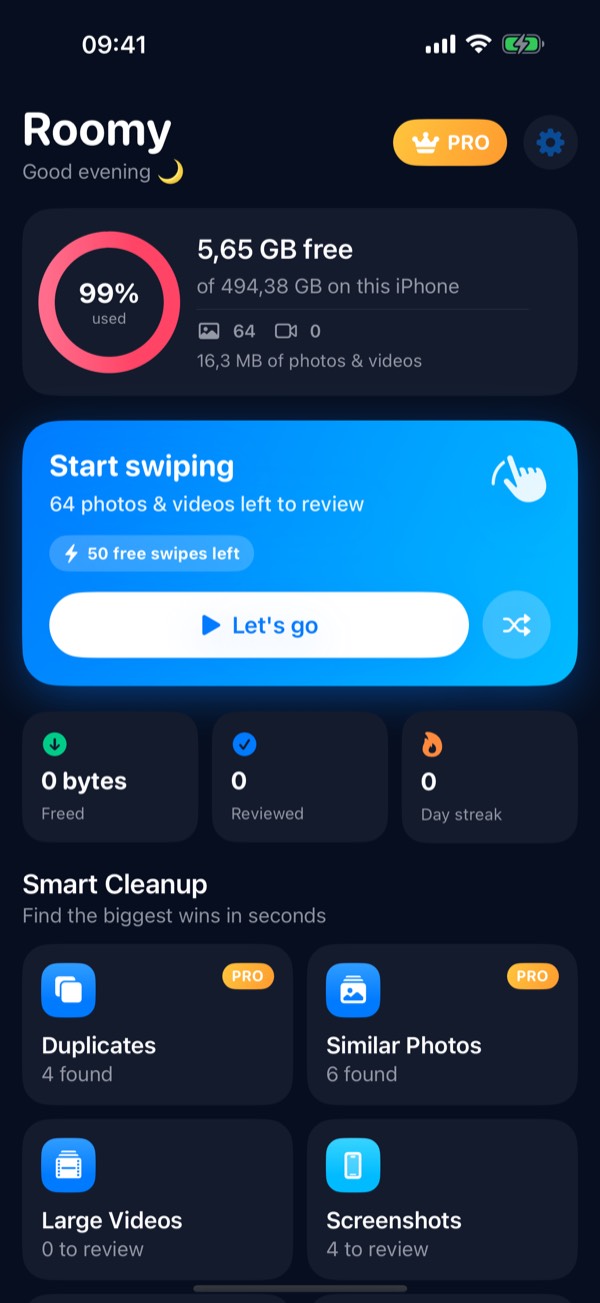 Roomy screenshot: Home: free space, and the clutter Roomy found