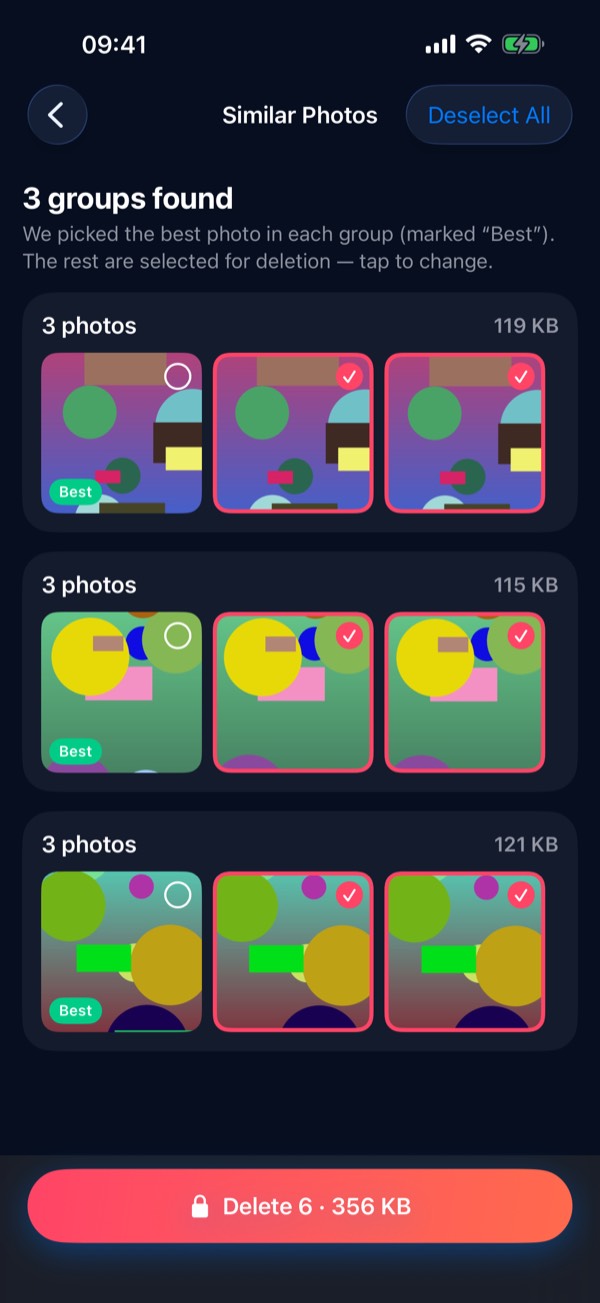 Roomy screenshot: Similar shots grouped, with the best one marked