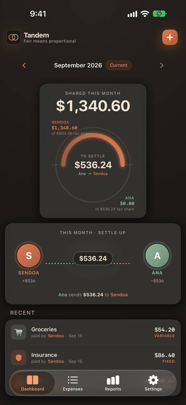 Tandem screenshot: This month: shared, paid, to settle