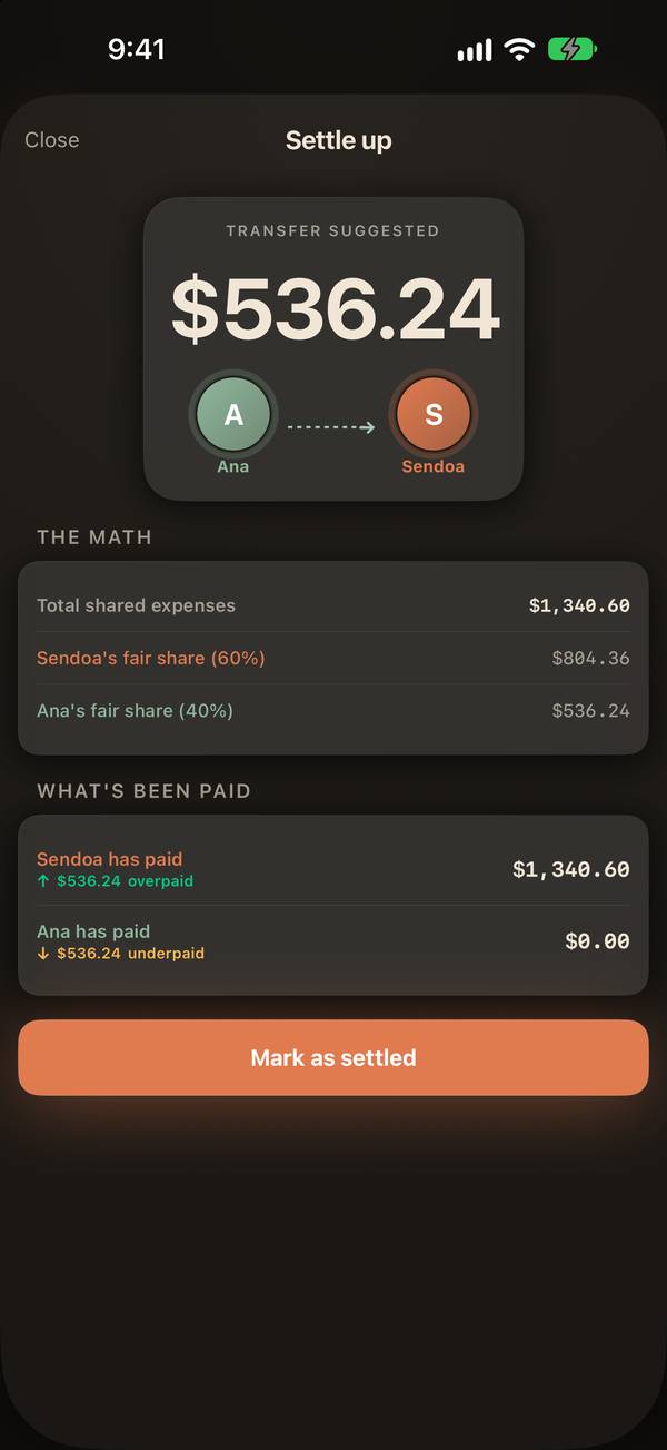 Tandem screenshot: Settle up: the math, in the open