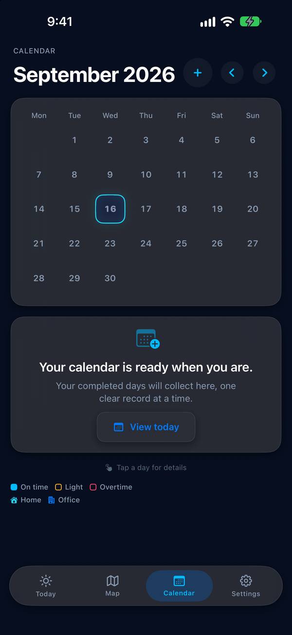 Tempo screenshot: A month of days, coloured by how they went