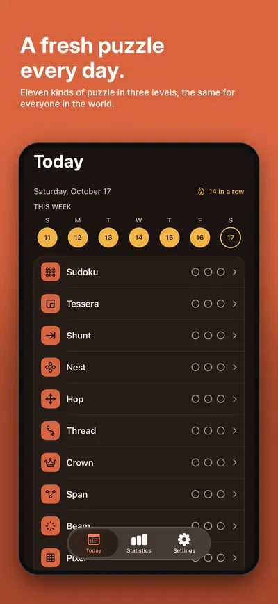Logicle screenshot: A fresh puzzle every day. Eleven kinds of puzzle in three levels, the same for everyone in the world.