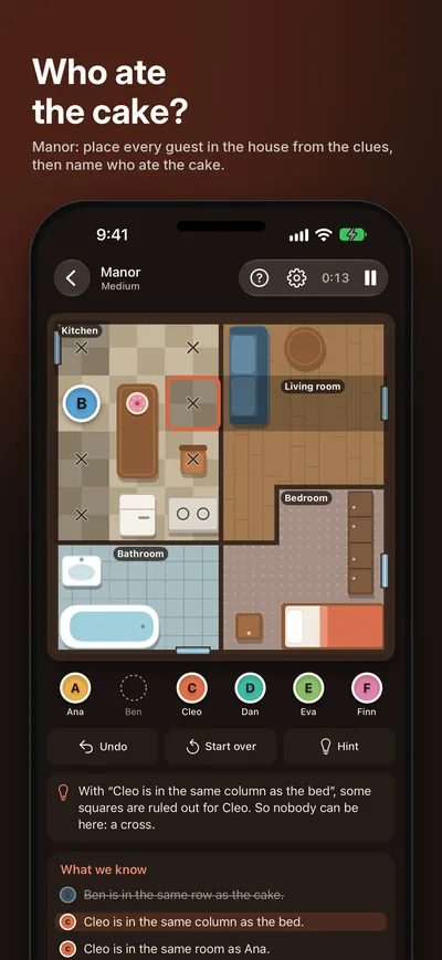 Logicle screenshot: Who ate the cake? Manor: place every guest in the house from the clues, then name who ate the cake.