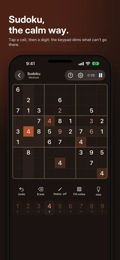 Logicle screenshot: Sudoku, the calm way. Tap a cell, then a digit: the keypad dims what can't go there.
