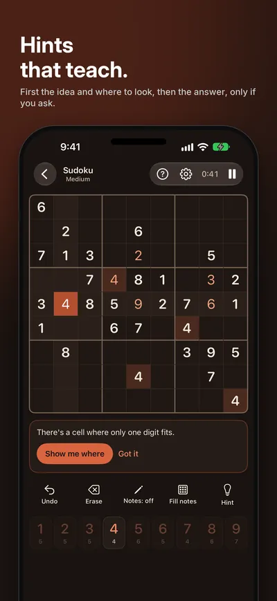 Logicle screenshot: Hints that teach. First the idea and where to look, then the answer, only if you ask.