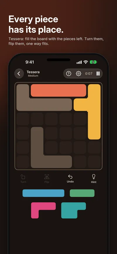 Logicle screenshot: Every piece has its place. Tessera: fill the board with the pieces left. Turn them, flip them, one way fits.