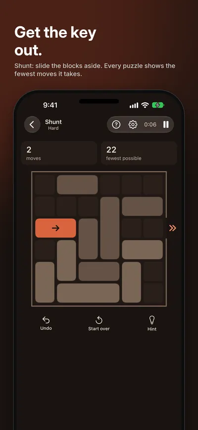 Logicle screenshot: Get the key out. Shunt: slide the blocks aside. Every puzzle shows the fewest moves it takes.
