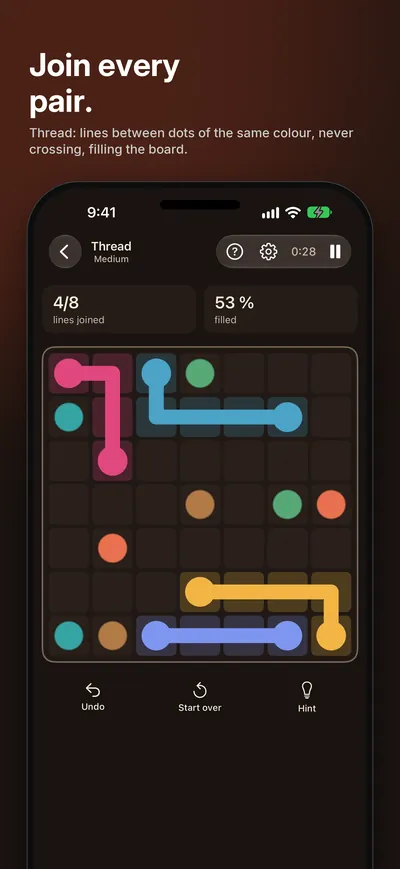 Logicle screenshot: Join every pair. Thread: lines between dots of the same colour, never crossing, filling the board.