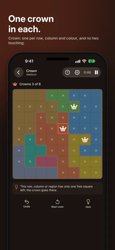 Logicle screenshot: One crown in each. Crown: one per row, column and colour, and no two touching.