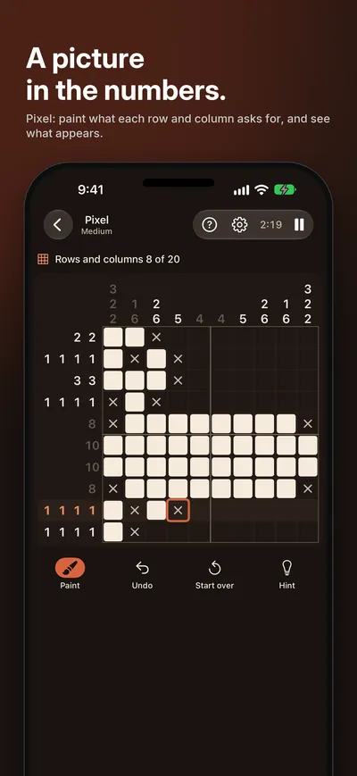 Logicle screenshot: A picture in the numbers. Pixel: paint what each row and column asks for, and see what appears.