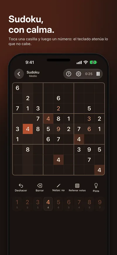 Captura de Logicle: Sudoku, con calma. Toca una casilla y luego un número: el teclado atenúa lo que no cabe.