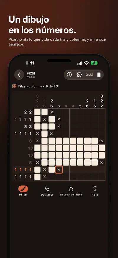 Captura de Logicle: Un dibujo en los números. Pixel: pinta lo que pide cada fila y columna, y mira qué aparece.