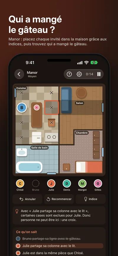 Capture d’écran de Logicle : Qui a mangé le gâteau ? Manor : placez chaque invité dans la maison grâce aux indices, puis trouvez qui a mangé le gâteau.