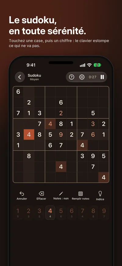 Capture d’écran de Logicle : Le sudoku, en toute sérénité. Touchez une case, puis un chiffre : le clavier estompe ce qui ne va pas.