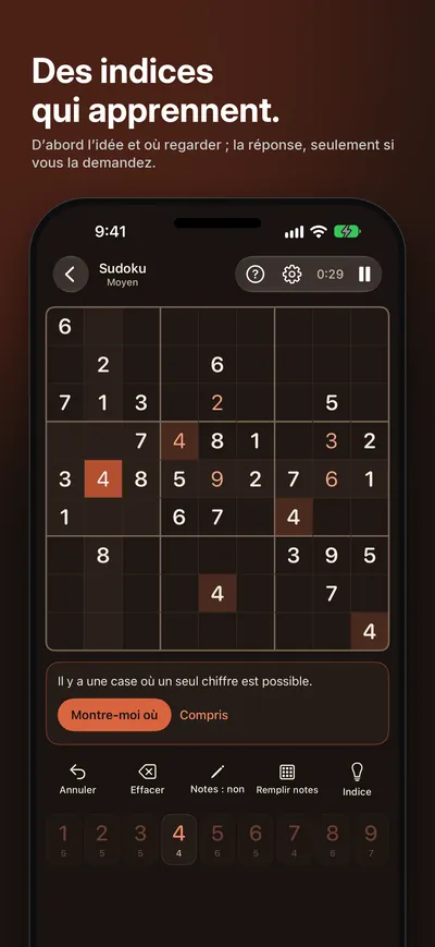 Capture d’écran de Logicle : Des indices qui apprennent. D’abord l’idée et où regarder ; la réponse, seulement si vous la demandez.
