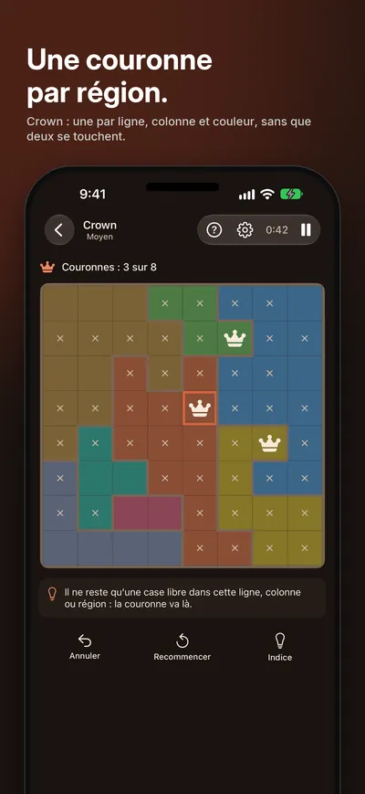 Capture d’écran de Logicle : Une couronne par région. Crown : une par ligne, colonne et couleur, sans que deux se touchent.