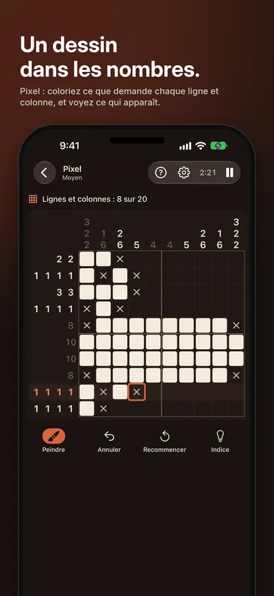 Capture d’écran de Logicle : Un dessin dans les nombres. Pixel : coloriez ce que demande chaque ligne et colonne, et voyez ce qui apparaît.