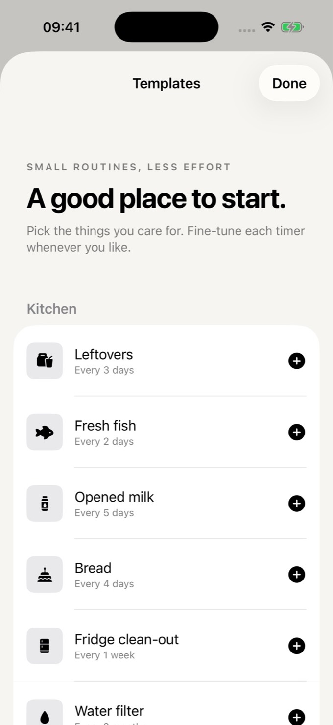 The Templates sheet in Cycle: A good place to start, with Leftovers, Fresh fish, Opened milk, Bread and more.