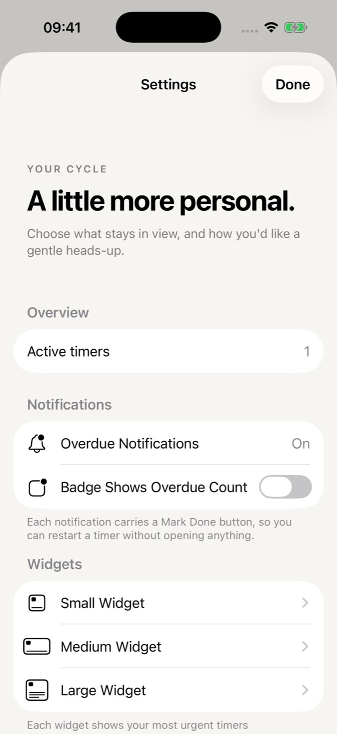 Cycle Settings: A little more personal, with Overdue Notifications, the Badge Shows Overdue Count toggle, and Small, Medium and Large Widget rows.