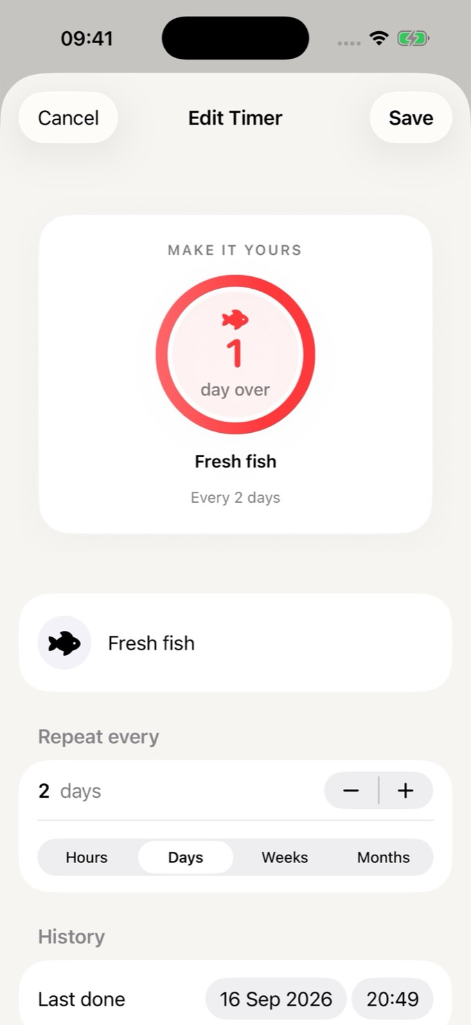 The Edit Timer sheet: a large red ring for Fresh fish, repeat every 2 days, and a Last done date.