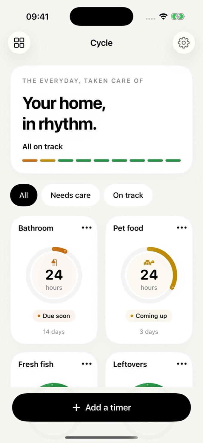 Cycle on iPhone in light mode: Your home, in rhythm, with rings for Bathroom, Pet food, Fresh fish and Leftovers.